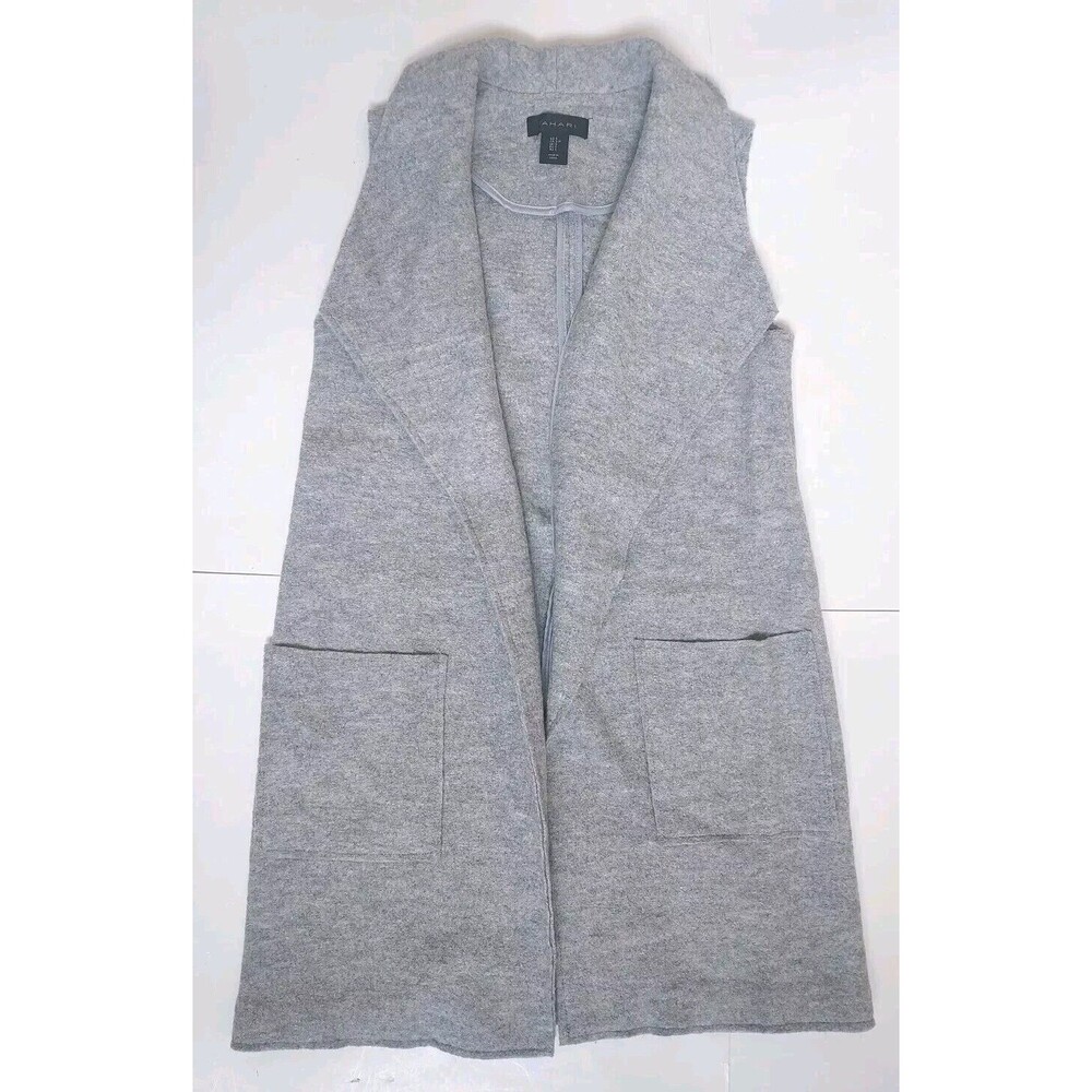 Ladies Tahari Gray Wool Blend Open Front Duster Cardigan Vest W/Pockets Size S